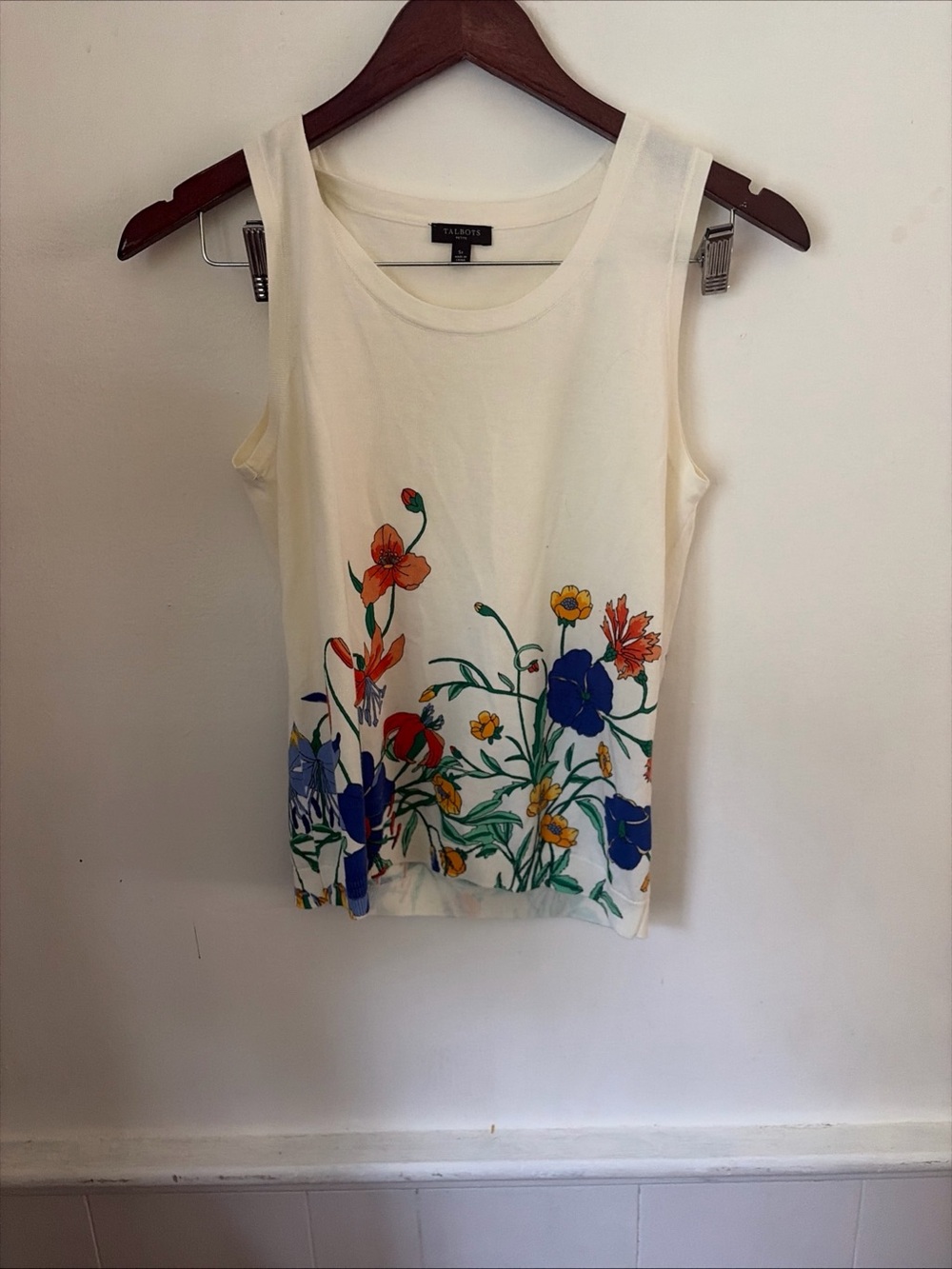 Talbots Cream Floral Print Sleeveless Tank with Blue & Orange Blooms